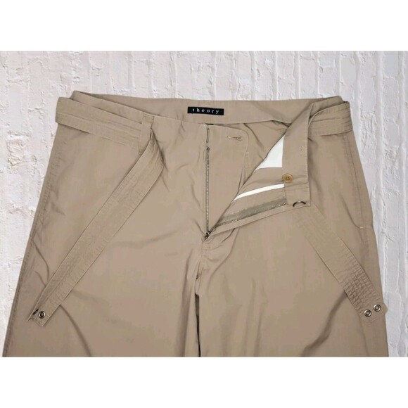 Theory Wide Leg Belted Khaki Pants Womens 33 Tan Cotton Boho Gypsy Office - Picture 4 of 8